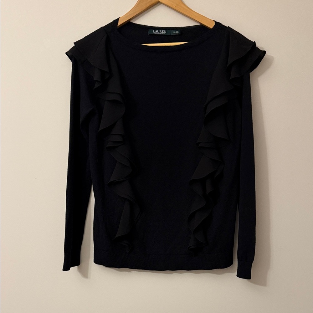 Lauren Ralph Lauren Black Ruffle-Trim Long Sleeve Knit Top
